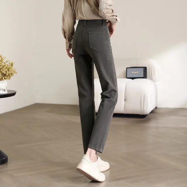嬉皮少女 高腰直筒牛仔裤 女款 灰绿色