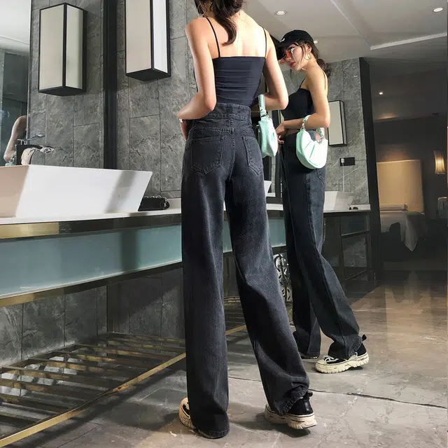 嬉皮少女  复古高腰阔腿牛仔裤女秋款排扣通勤百搭宽松垂感泫雅直筒拖地裤 女款