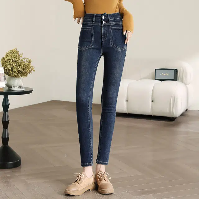 嬉皮少女 双扣分割腰头塑型小脚裤高腰牛仔裤 女款 复古深蓝色