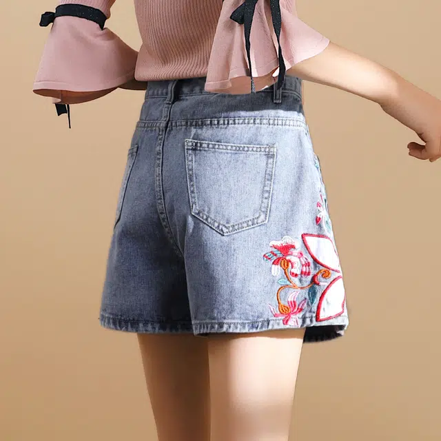 嬉皮少女 复古刺绣阔腿高腰牛仔短裤 女款 蓝色