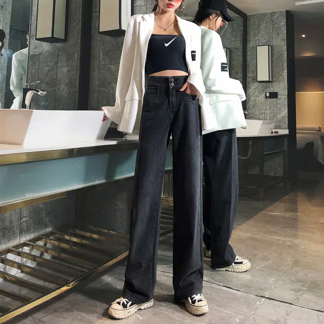 嬉皮少女  复古高腰阔腿牛仔裤女秋款排扣通勤百搭宽松垂感泫雅直筒拖地裤 女款
