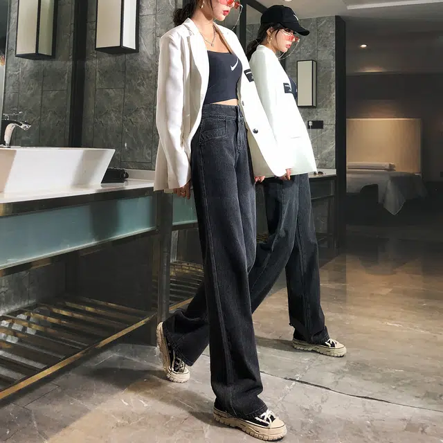 嬉皮少女  复古高腰阔腿牛仔裤女秋款排扣通勤百搭宽松垂感泫雅直筒拖地裤 女款