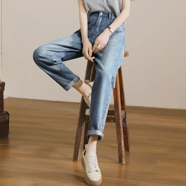 嬉皮少女 拉链纯色高腰牛仔裤 女款 复古浅蓝色