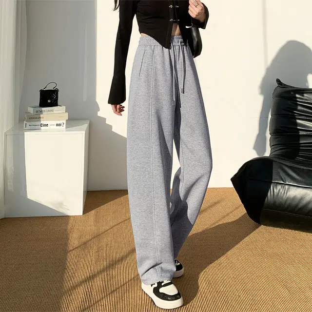 嬉皮少女 简约纯色高腰宽松阔腿休闲裤 女款 花灰色
