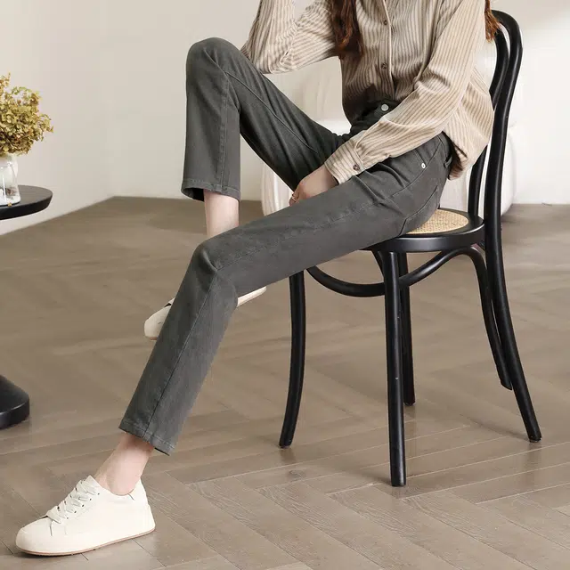 嬉皮少女 高腰直筒牛仔裤 女款 灰绿色