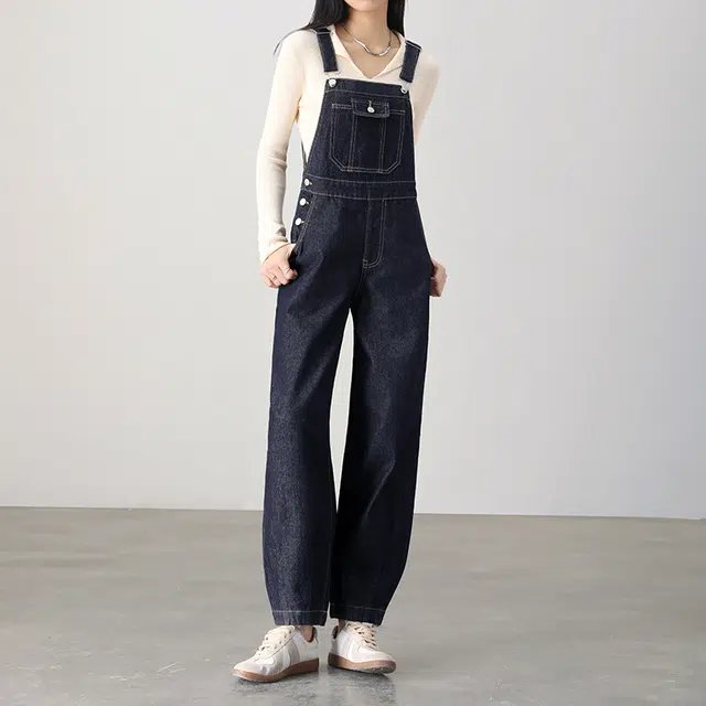 嬉皮少女 休闲简约纯色高腰宽松背带裤 女款 普洗蓝色