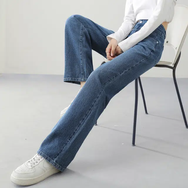 嬉皮少女 纯色高腰阔腿直筒牛仔裤 女款 深蓝