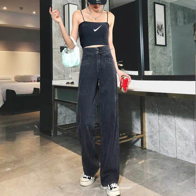 嬉皮少女  复古高腰阔腿牛仔裤女秋款排扣通勤百搭宽松垂感泫雅直筒拖地裤 女款