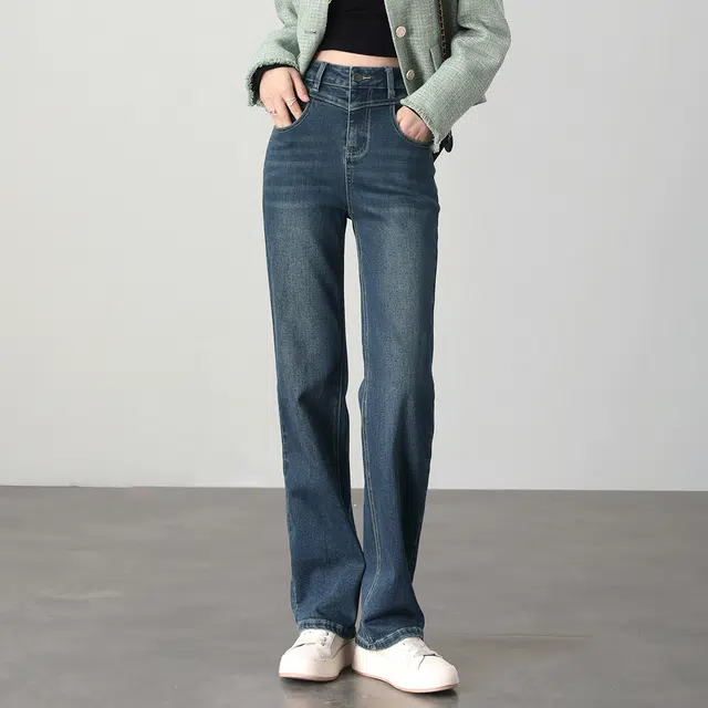 嬉皮少女 弹力竹节纹时尚直筒不规则个性表袋筷子牛仔裤 女款 复古蓝色