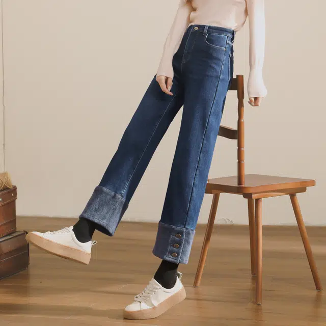 嬉皮少女 高腰直筒保暖休闲牛仔裤 女款