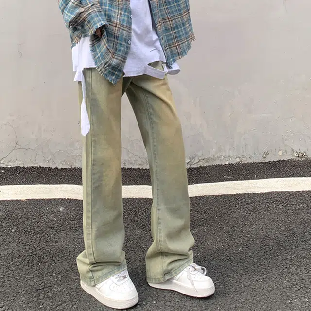 悍戈 美式复古高街做旧水洗显高显瘦宽松休闲百搭废土风黄泥染微喇垂感裤牛仔裤 男女同款