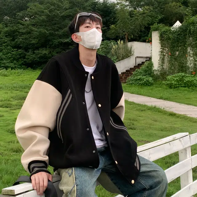 悍戈 美式复古潮牌高街罗纹下摆设计拼接撞色条纹大口袋字母印花棒球服外套休闲宽松运动百搭潮流痞帅学院风飞行员教练夹克 男女同款