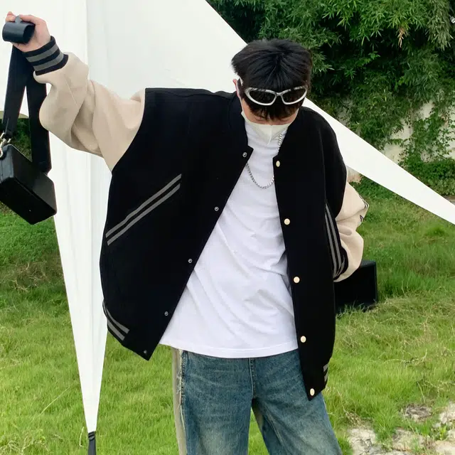 悍戈 美式复古潮牌高街罗纹下摆设计拼接撞色条纹大口袋字母印花棒球服外套休闲宽松运动百搭潮流痞帅学院风飞行员教练夹克 男女同款