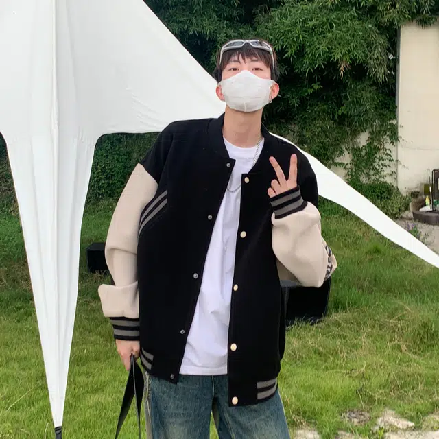 悍戈 美式复古潮牌高街罗纹下摆设计拼接撞色条纹大口袋字母印花棒球服外套休闲宽松运动百搭潮流痞帅学院风飞行员教练夹克 男女同款