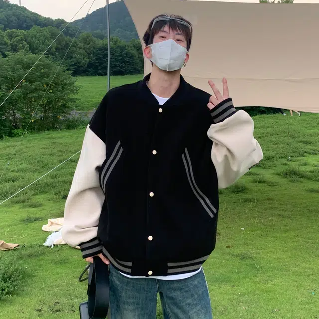 悍戈 美式复古潮牌高街罗纹下摆设计拼接撞色条纹大口袋字母印花棒球服外套休闲宽松运动百搭潮流痞帅学院风飞行员教练夹克 男女同款