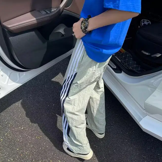 寻星记 美式复古高街风侧边三条杠拼接阔腿潮流运动直筒裤休闲裤 男女同款