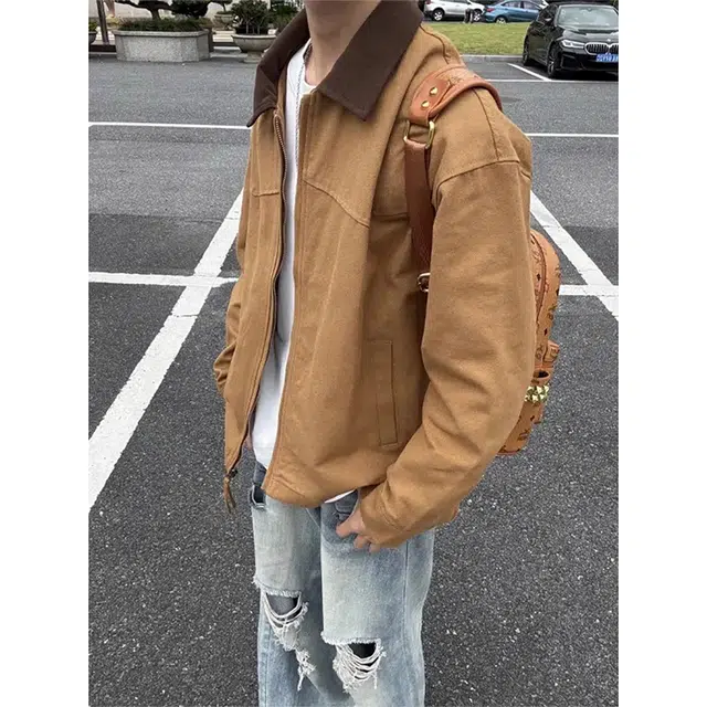 佑麟 美式复古外套秋季水洗帆布翻领棒球服底特律工装夹克 男女同款