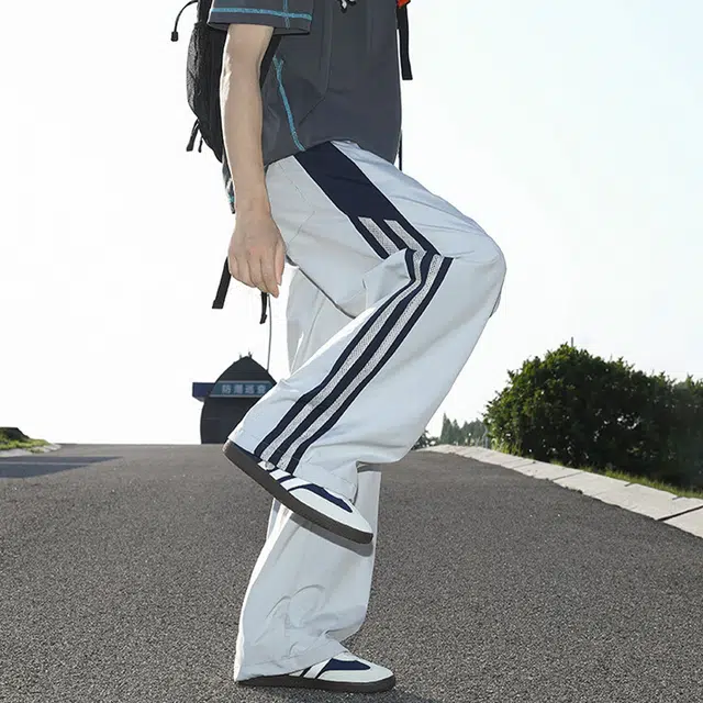 佑麟 网眼三条杠裤子男夏薄款美式冰丝速干青少年运动裤宽松阔腿伞兵裤休闲裤 男女同款