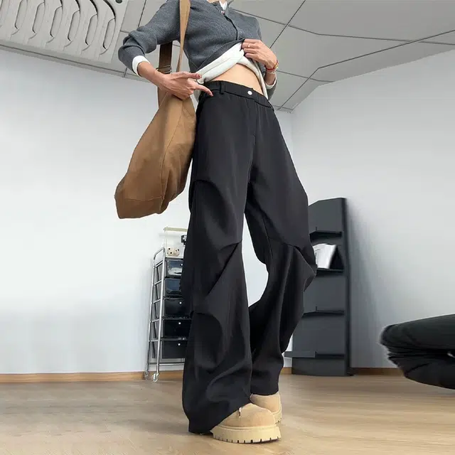 佑麟 黑色褶皱微喇西裤秋季痞帅高级感垂坠感直筒裤子宽松阔腿西装裤 男女同款