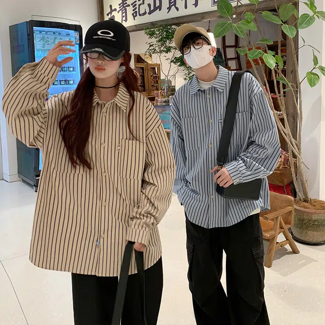 佑麟 长袖男春季日系少年感百搭小众美式外套宽松休闲翻领衬衣衬衫 男女同款
