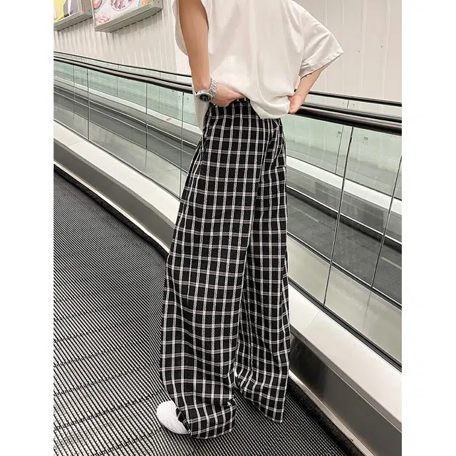 佑麟 藏青色泡泡纱格子裤夏季薄款慵懒松弛感凉感冰丝裤子直筒阔腿裤休闲裤 男女同款