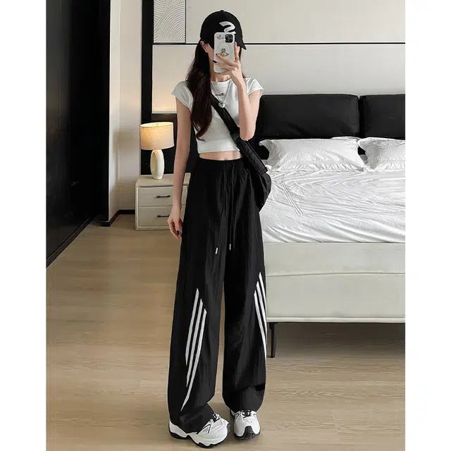 佑麟 三条杠速干运动裤夏季薄款直筒休闲裤子大码宽松条纹阔腿裤长裤 男女同款