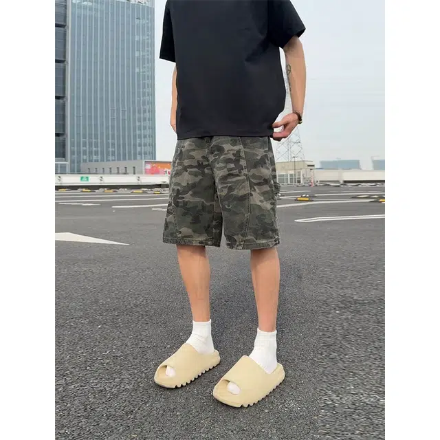 佑麟  美式高街迷彩短裤夏季牛仔工装裤子潮牌痞帅炸街水洗做旧中裤休闲短裤中裤 男女同款