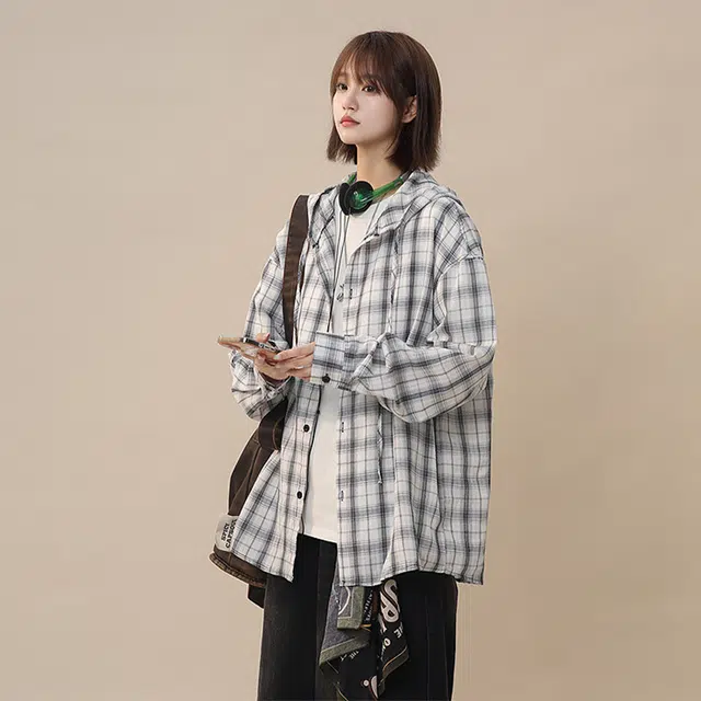 佑麟 美式复古连帽格子衬衫男长袖潮牌情侣泡泡纱衬衣夏季薄款防晒外套上衣 男女同款