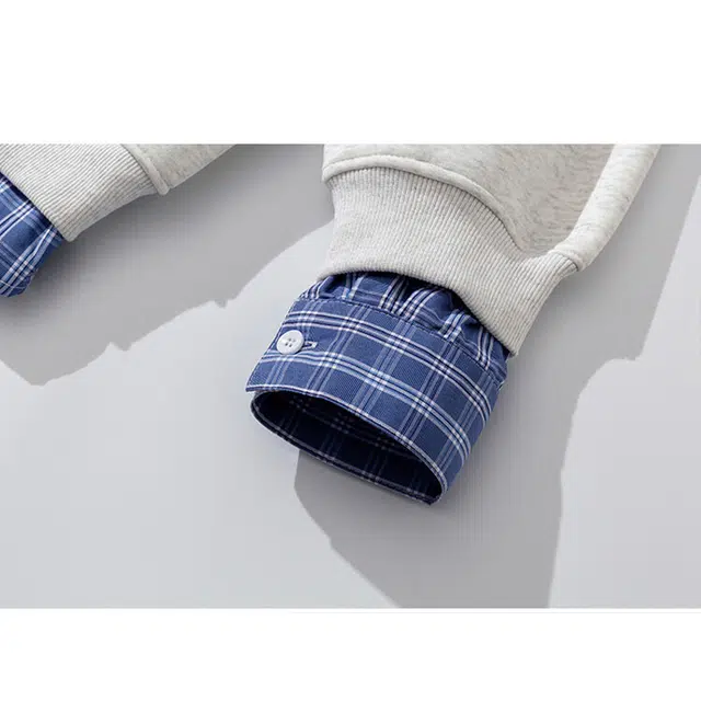 佑麟 格子衬衫领假两件春秋季设计感休闲长袖外套上衣卫衣 男女同款