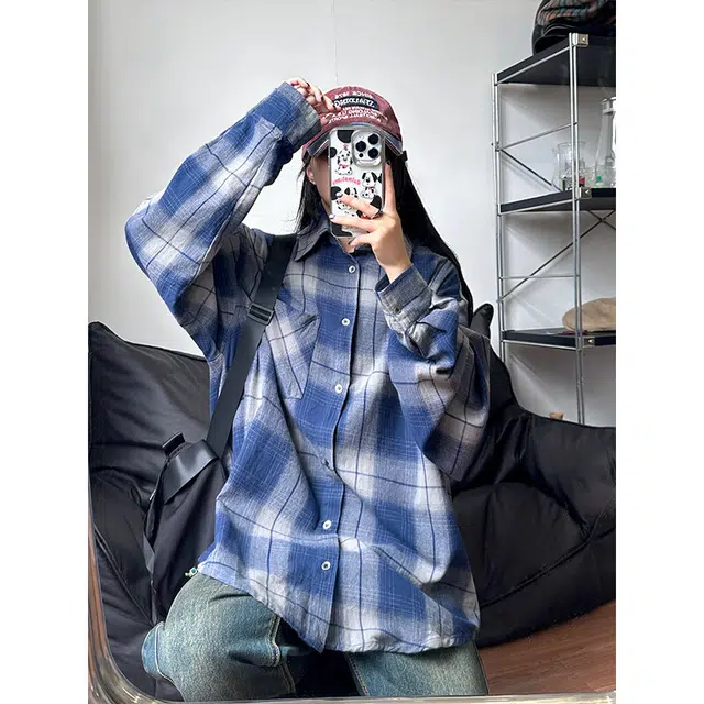 佑麟 美式复古做旧渐变设计高级感格纹衬衫长袖宽松情侣格子衬衣外套上衣  男女同款