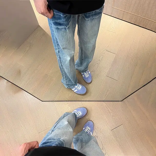 佑麟 美式高街提档微喇裤子高级感窄版显瘦直筒裤闪电裂纹牛仔裤 男女同款
