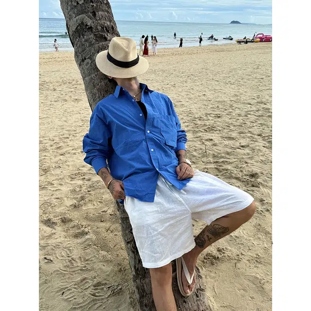 佑麟 那不勒斯高级感痞帅海边穿搭防晒衬衣外套韩系长袖衬衫 男女同款