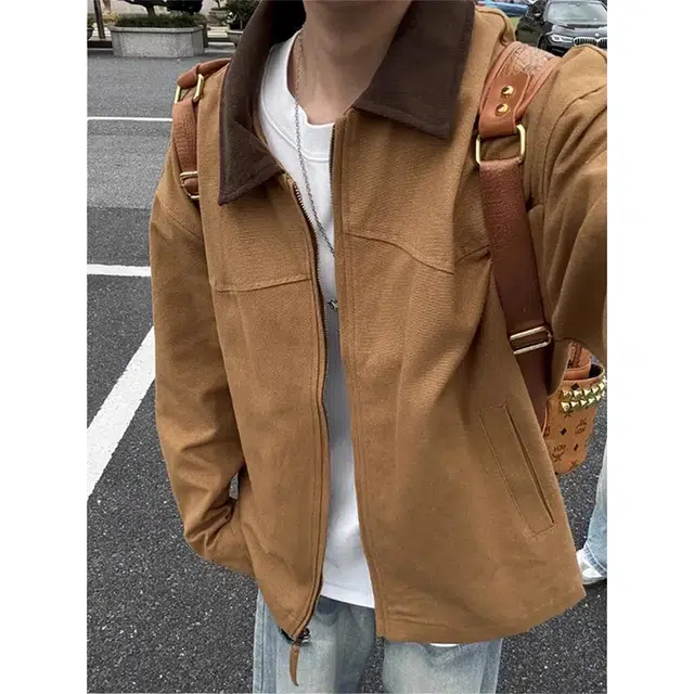 佑麟 美式复古外套秋季水洗帆布翻领棒球服底特律工装夹克 男女同款