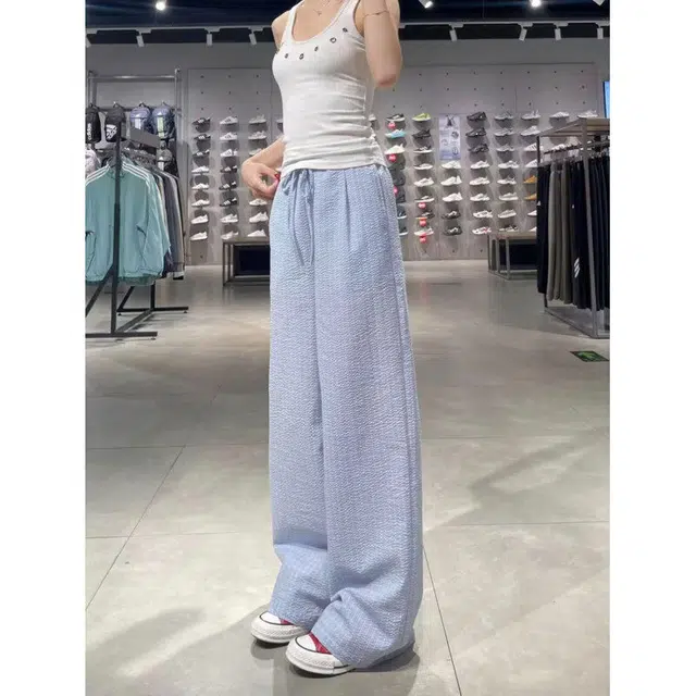 佑麟 慵懒风格子裤夏薄款木耳边阔腿裤子高个子加长泡泡纱格纹裤休闲裤 男女同款