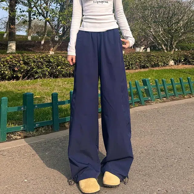 佑麟 藏青色冰丝速干裤子夏季薄款软壳弯刀裤高腰直筒宽松阔腿裤休闲裤 男女同款