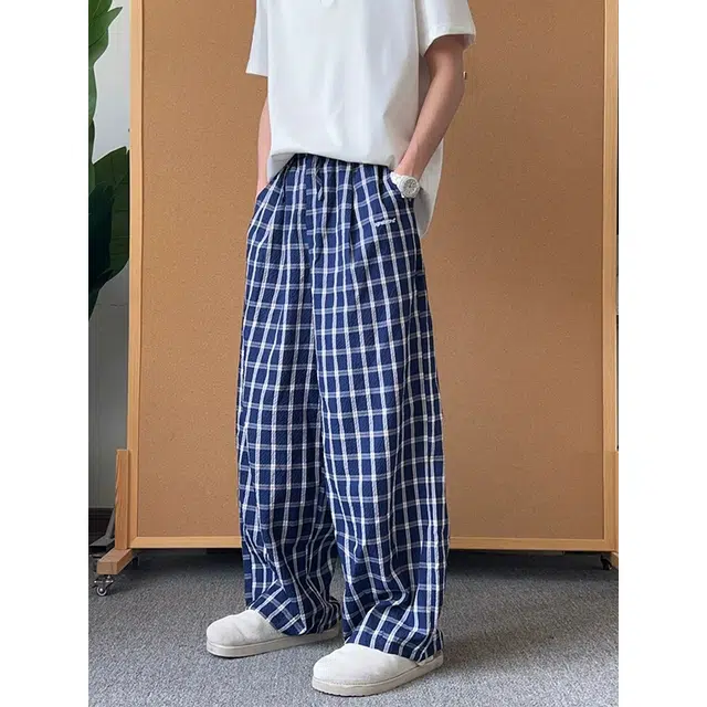 佑麟 美式格子裤子夏季薄款泡泡纱弯刀裤冰丝速干宽松直筒阔腿裤休闲裤 男女同款