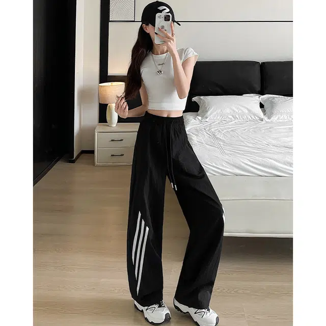 佑麟 三条杠速干运动裤夏季薄款直筒休闲裤子大码宽松条纹阔腿裤长裤 男女同款