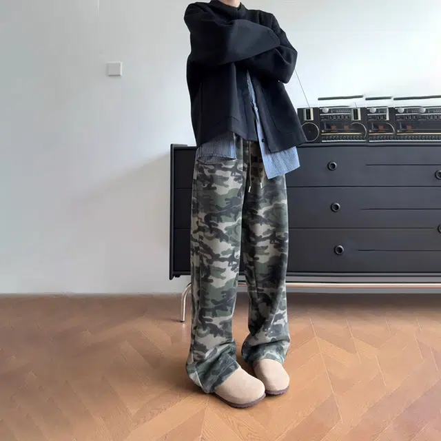 佑麟 美式水洗迷彩高腰卫裤秋季高级感潮牌运动裤弯刀直筒裤子休闲裤 男女同款
