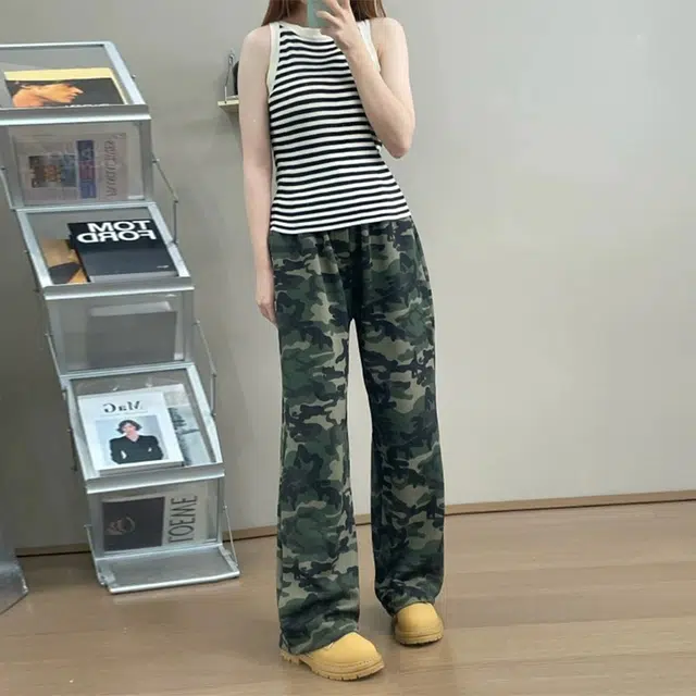 佑麟 美式复古弯刀迷彩裤子秋季垂感直筒运动卫裤水洗重磅微喇裤休闲裤 男女同款