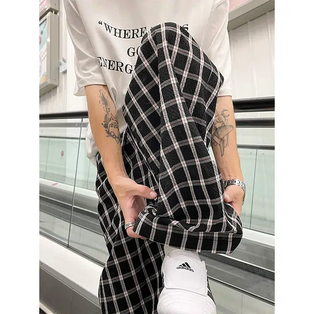 佑麟 藏青色泡泡纱格子裤夏季薄款慵懒松弛感凉感冰丝裤子直筒阔腿裤休闲裤 男女同款