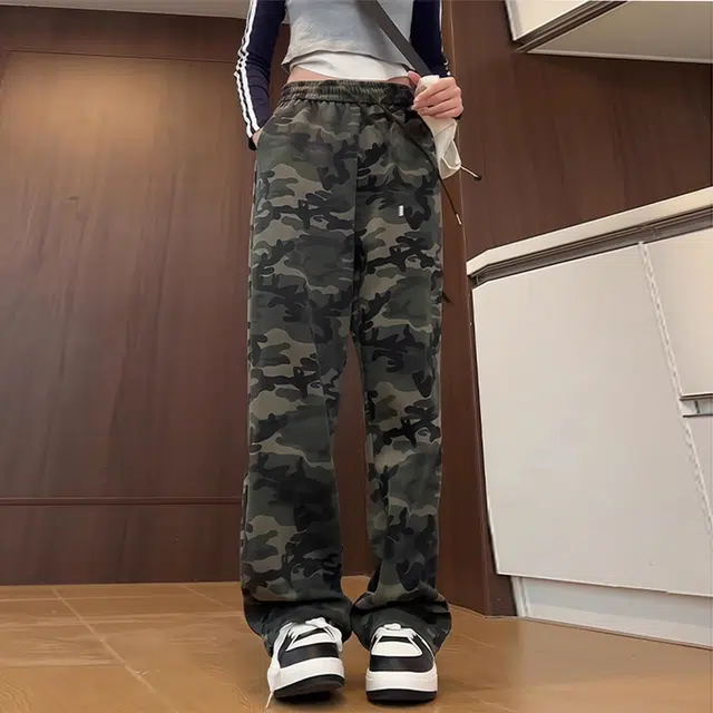 佑麟 美式复古迷彩裤秋季直筒运动卫裤宽松阔腿裤子垂感高腰休闲裤 男女同款