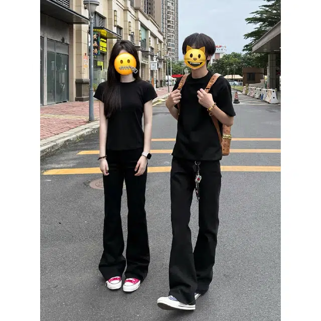佑麟 美式高街直筒裤夏薄款情侣裤子修身显瘦高腰喇叭裤牛仔裤 男女同款