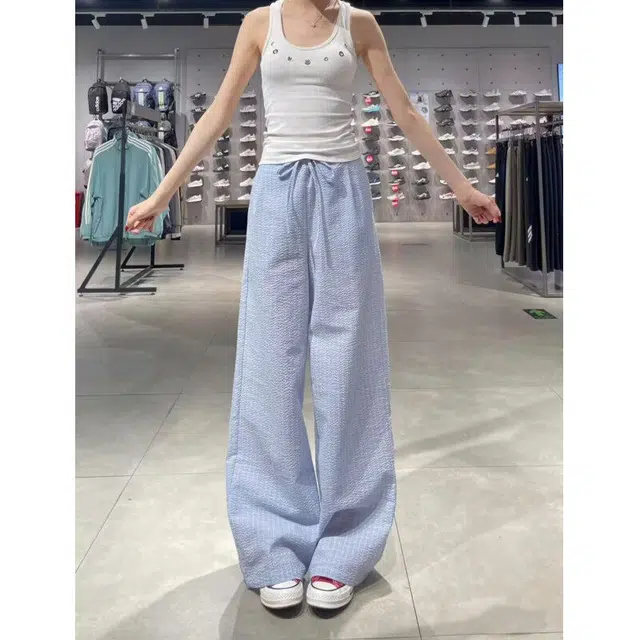 佑麟 慵懒风格子裤夏薄款木耳边阔腿裤子高个子加长泡泡纱格纹裤休闲裤 男女同款
