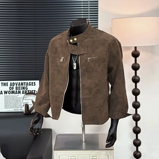 佑麟 美式复古扎染皮衣外套秋春潮牌短款机车服痞帅高级感正肩夹克 男女同款