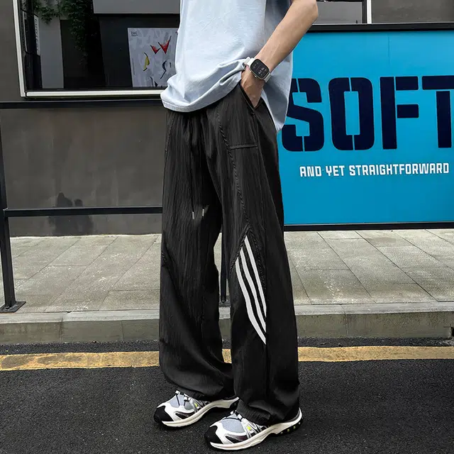 佑麟 三条杠速干运动裤夏季薄款直筒休闲裤子大码宽松条纹阔腿裤长裤 男女同款
