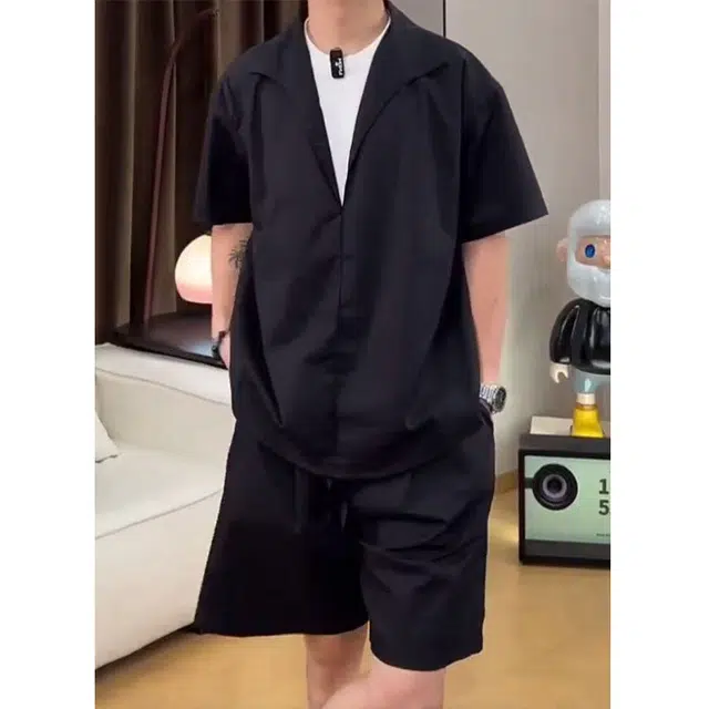 佑麟 老钱风莱赛尔贵气松弛感夏时尚假两件短袖上衣短裤休闲运动套装 男女同款