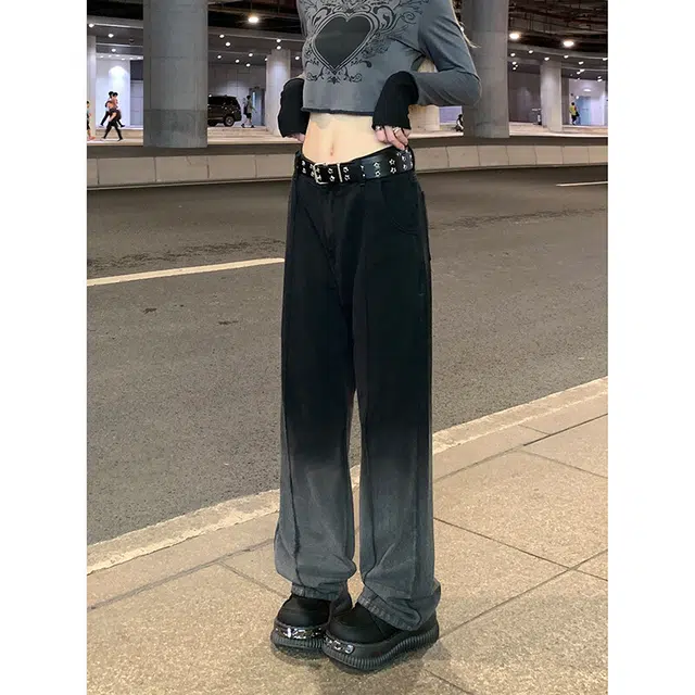 佑麟 美式复古渐变牛仔裤夏季设计感小众梨型身材高腰遮胯显瘦直筒裤裤子 男女同款
