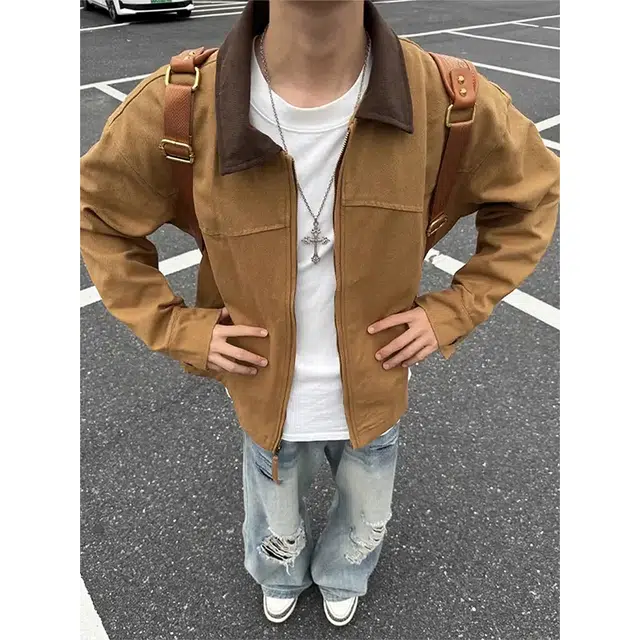 佑麟 美式复古外套秋季水洗帆布翻领棒球服底特律工装夹克 男女同款