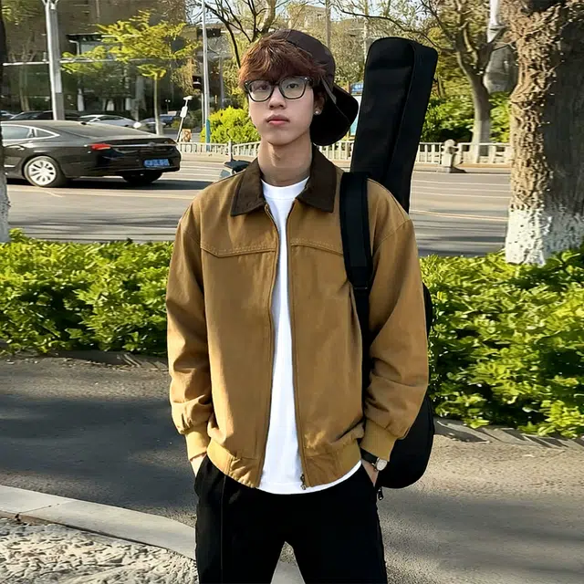 佑麟 美式复古外套秋季水洗帆布翻领棒球服底特律工装夹克 男女同款