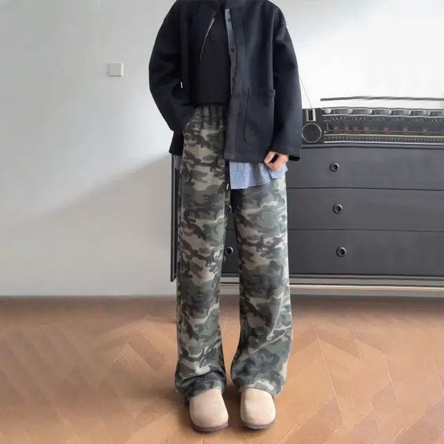 佑麟 美式水洗迷彩高腰卫裤秋季高级感潮牌运动裤弯刀直筒裤子休闲裤 男女同款
